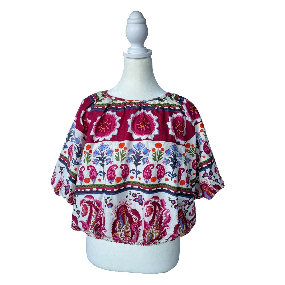 Catherine Malandrino Floral Paisley Blouse Top Sz XL Boho Peasant Balloon Sleeve